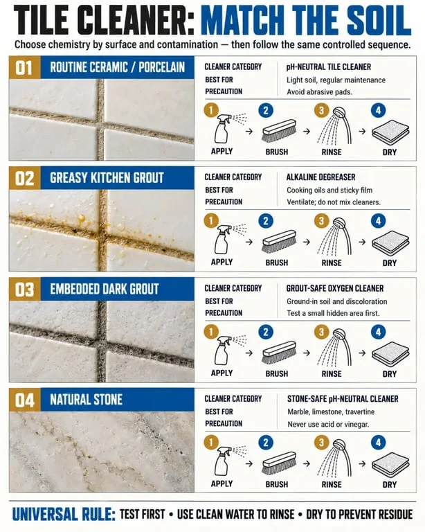 Tile cleaners comparison for ceramic tile, grout, grease, and natural stone