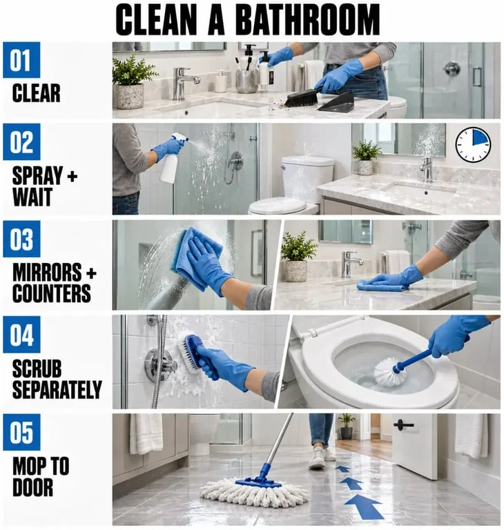 How clean bathroom: step-by-step bathroom cleaning process from dry dusting to mopping