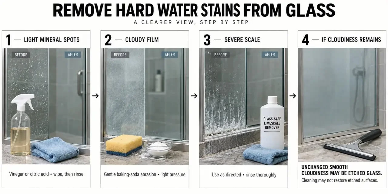 How to remove hard water stains from glass with a step-by-step cleaning process