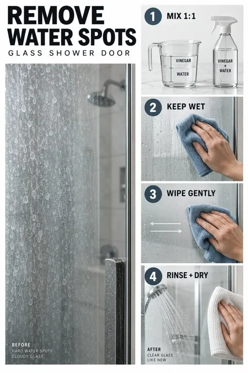 Step-by-step illustration for removing water spots from glass with vinegar and a microfiber cloth