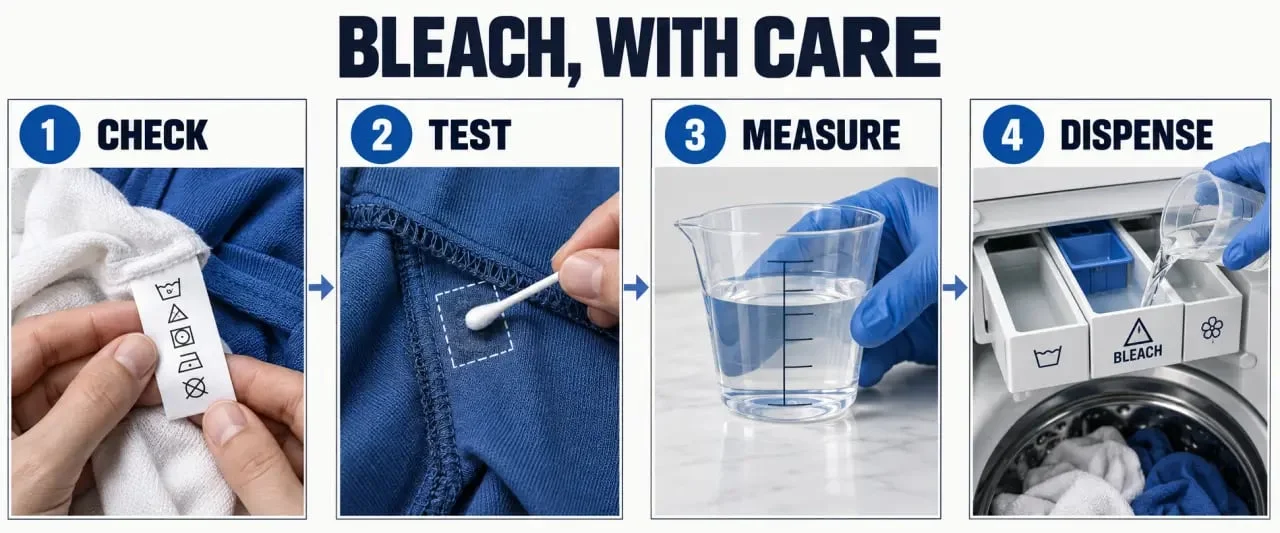 Bleach for laundry: vérifier l’étiquette, tester la couleur, mesurer le produit et utiliser le bac de la machine