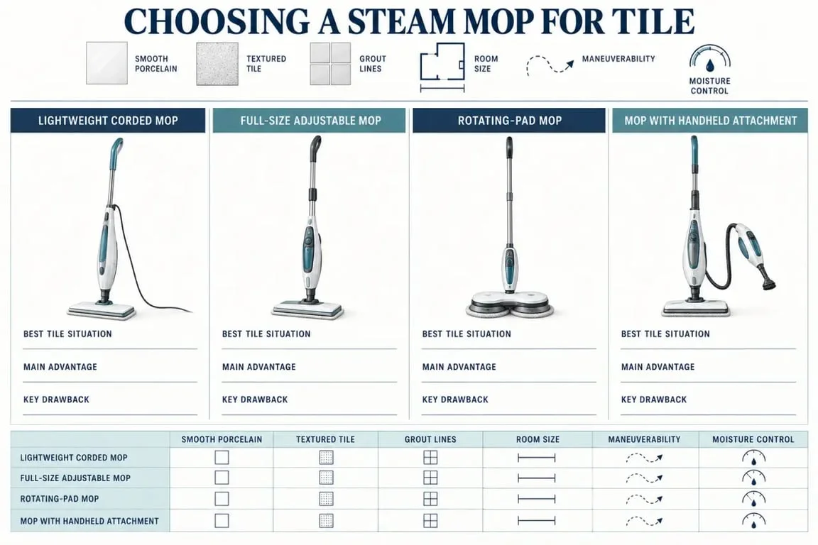 Best steam mop for tile: comparison of steam mop formats for smooth tile, textured tile, grout and larger rooms